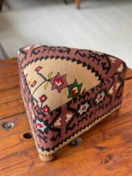 Vintage Kilim Ottoman Stool, Triangle Beech Wood Foot Rest - thumbnail 1