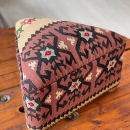 Vintage Kilim Ottoman Stool, Triangle Beech Wood Foot Rest - thumbnail 3