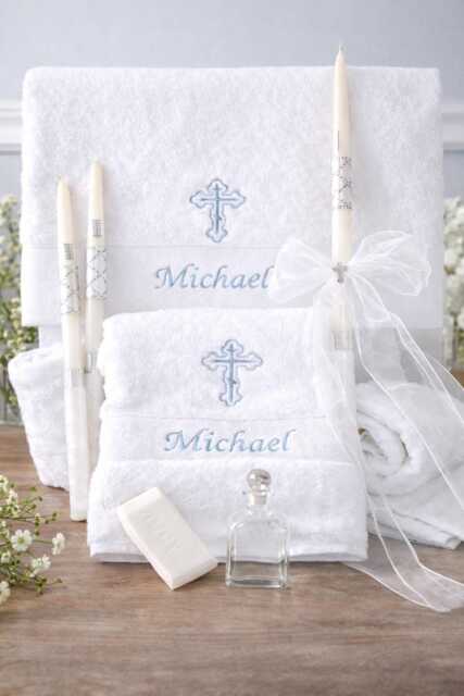 Personalized Baptism Towels, Candles & Oil Sheet For Greek Orthodox Baptism, Bath Towel, Embroidered, Soap Bottle Complete Set - image 1