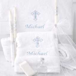 Personalized Baptism Towels, Candles & Oil Sheet For Greek Orthodox Baptism, Bath Towel, Embroidered, Soap Bottle Complete Set - thumbnail 2