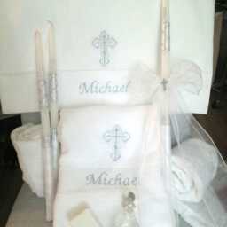 Personalized Baptism Towels, Candles & Oil Sheet For Greek Orthodox Baptism, Bath Towel, Embroidered, Soap Bottle Complete Set - thumbnail 3