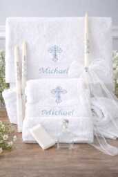 Personalized Christening Towel Set, Baptism Candle, Embroidered Cross, Custom Name