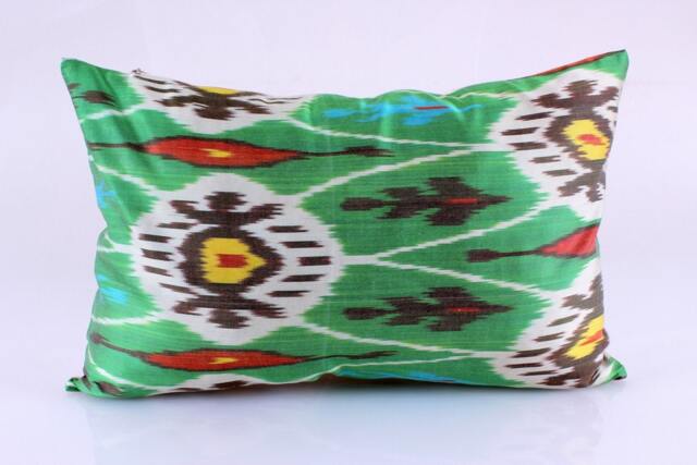 Ikat Silk Velvet Pillow 16x24 - Handmade Boho Cushion Cover Turkish Home Decor Accent - image 1