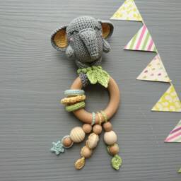 Crochet Elephant Baby Gift Set Rattle, Pacifier Clip, Stroller Chain & Plush Animal - thumbnail 3