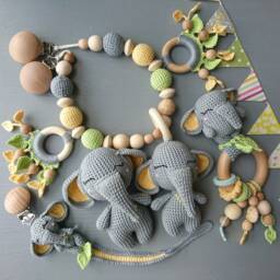 Crochet Elephant Baby Gift Set Rattle, Pacifier Clip, Stroller Chain & Plush Animal