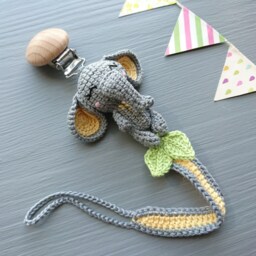 Crochet Elephant Baby Gift Set Rattle, Pacifier Clip, Stroller Chain & Plush Animal - thumbnail 2