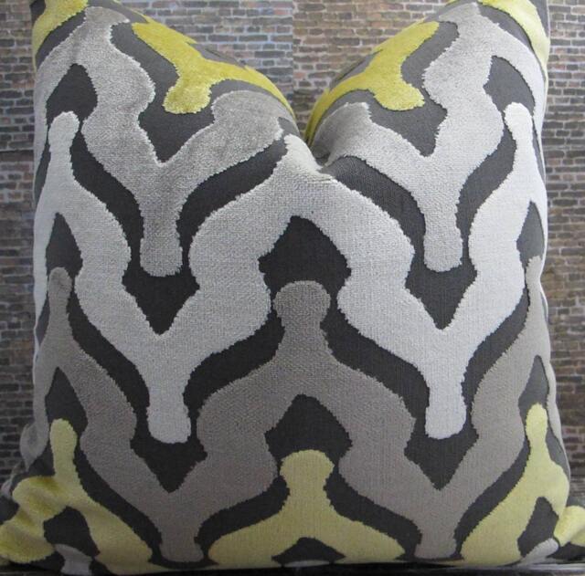3Bm Designer Pillow Cover, Ogee Velvet, Yellow, Gray, Taupe - image 1