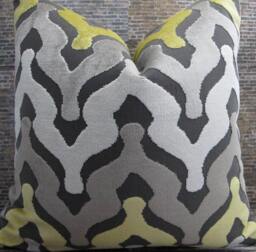 3Bm Designer Pillow Cover, Ogee Velvet, Yellow, Gray, Taupe - thumbnail 1