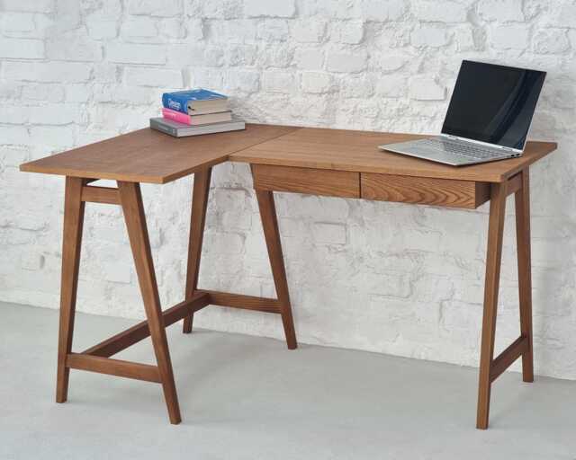 L-Shaped Ash Wood Corner Desk Compact Home Office Desk With Drawer - Various Stains An Sizes - image 1