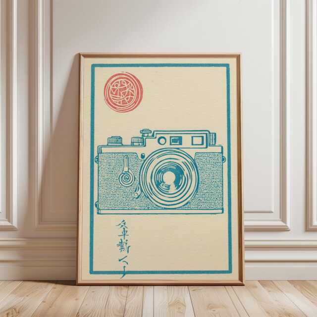 Blue Vintage Camera Poster - Japanese Linocut Style Illustration Minimal Photography Art - image 1