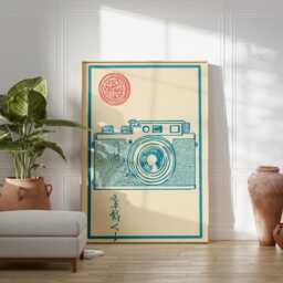 Blue Vintage Camera Poster - Japanese Linocut Style Illustration Minimal Photography Art - thumbnail 3