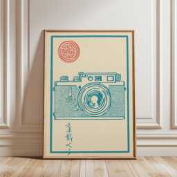 Blue Vintage Camera Poster - Japanese Linocut Style Illustration Minimal Photography Art - thumbnail 1