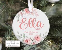 Baby First Christmas Ornament, Personalized Pink Floral Christmas, Holiday Ornament