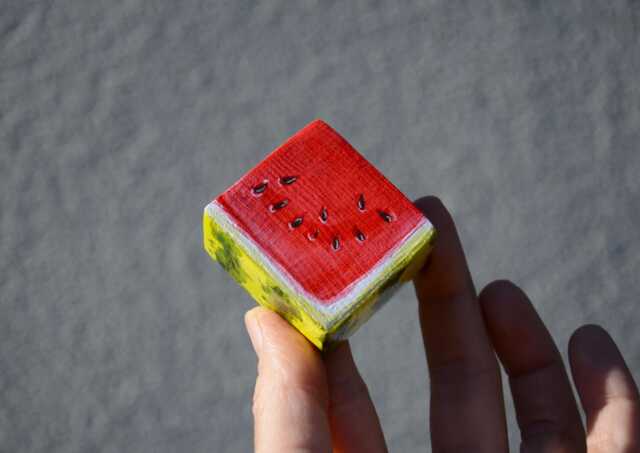 Cube Watermelon Slice Decor Wooden Hand Painted Fruit Shelf Sitter - image 1