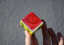 Cube Watermelon Slice Decor Wooden Hand Painted Fruit Shelf Sitter - thumbnail 1