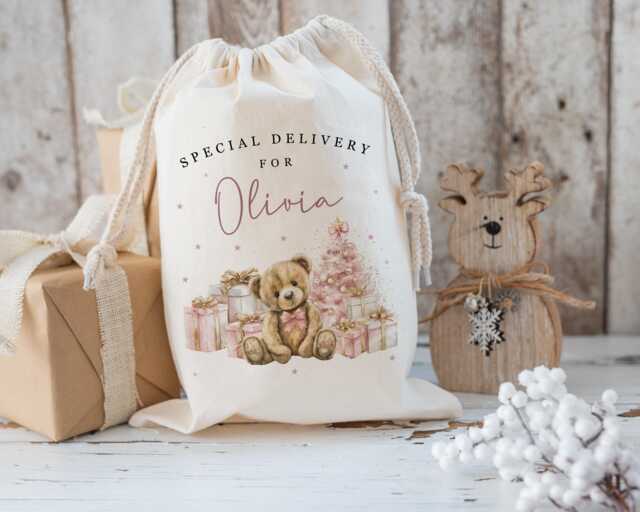 xl Personalised Blue Teddy Bear Santa Sack, Christmas Gift Bag, Father Christmas, Traditional Stocking, First - image 1