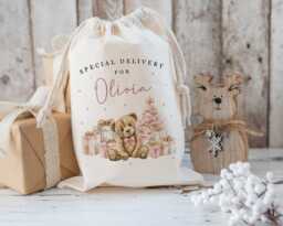 xl Personalised Blue Teddy Bear Santa Sack, Christmas Gift Bag, Father Christmas, Traditional Stocking, First