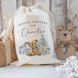 xl Personalised Blue Teddy Bear Santa Sack, Christmas Gift Bag, Father Christmas, Traditional Stocking, First - thumbnail 2