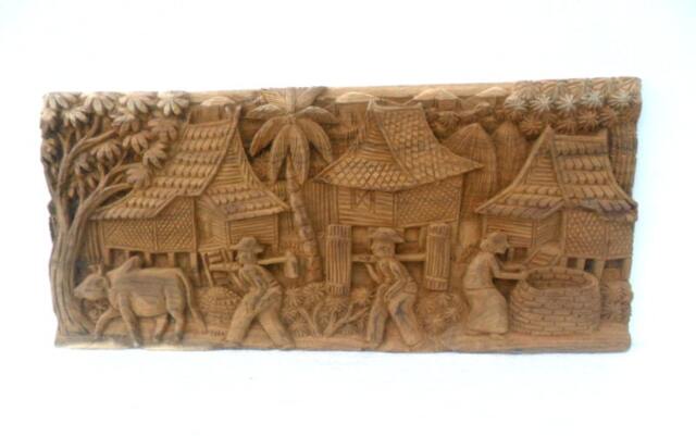 "Wood Carving Old Thai Village Life Culture Hand Carved Wood Natural Teak Home Wall Hanging Art Decor/Gift 20""x9" - image 1