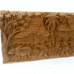 "Wood Carving Old Thai Village Life Culture Hand Carved Wood Natural Teak Home Wall Hanging Art Decor/Gift 20""x9" - thumbnail 3