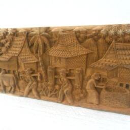 "Wood Carving Old Thai Village Life Culture Hand Carved Wood Natural Teak Home Wall Hanging Art Decor/Gift 20""x9" - thumbnail 2