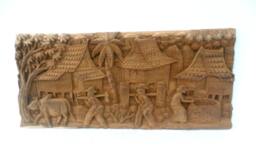 "Wood Carving Old Thai Village Life Culture Hand Carved Wood Natural Teak Home Wall Hanging Art Decor/Gift 20""x9"