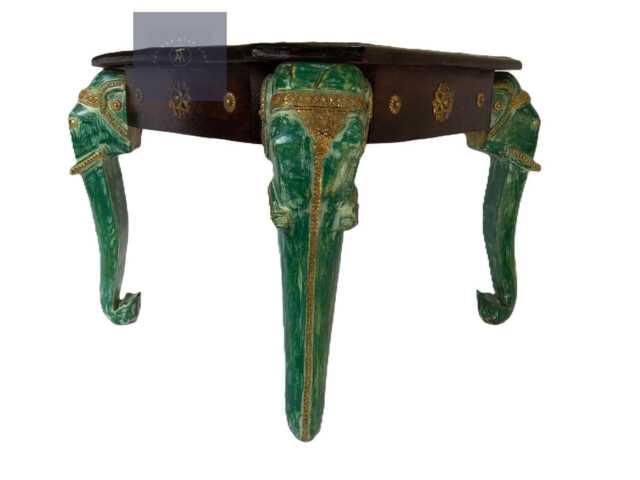 Handmade Indian Wood Coffee Table Brass Inlay, Elephant Carving - image 1