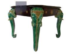 Handmade Indian Wood Coffee Table Brass Inlay, Elephant Carving