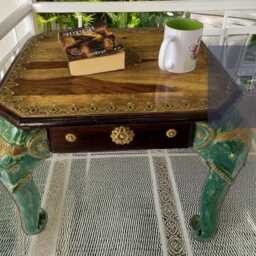 Handmade Indian Wood Coffee Table Brass Inlay, Elephant Carving - thumbnail 3