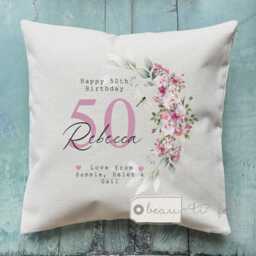 Personalised Happy Birthday Gift Age Milestone 21 30 40 50 60 70 80 90 Any Age Pink Home Linen Style Cushion Friend Nanny Gift For Her Mum - thumbnail 3
