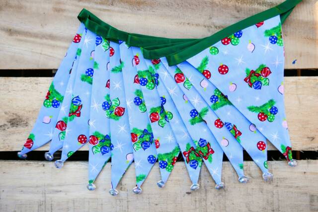 Retro Style Blue Christmas Baubles Fabric Bunting - Double-Sided 12 Flags 3 Metres - image 1
