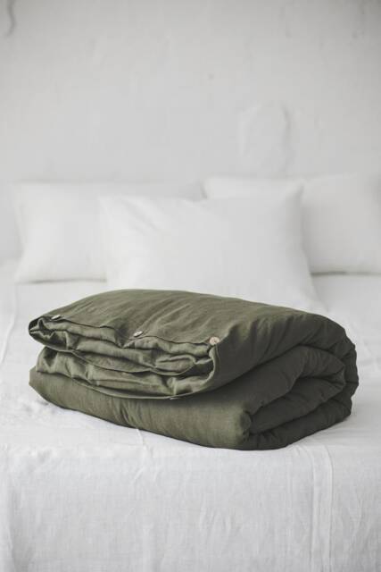Forest Green Linen Duvet Cover With Coconut Buttons, Natural Softened Medium Weight Cover, King, Queen, Twin Bedding - image 1