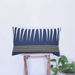 Navy Linen Pillow Cover Hand-Cut African Geometric Design, 12x20 - thumbnail 2