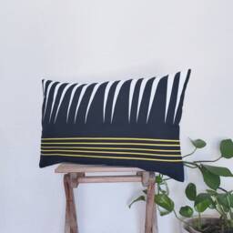 Navy Linen Pillow Cover Hand-Cut African Geometric Design, 12x20 - thumbnail 4
