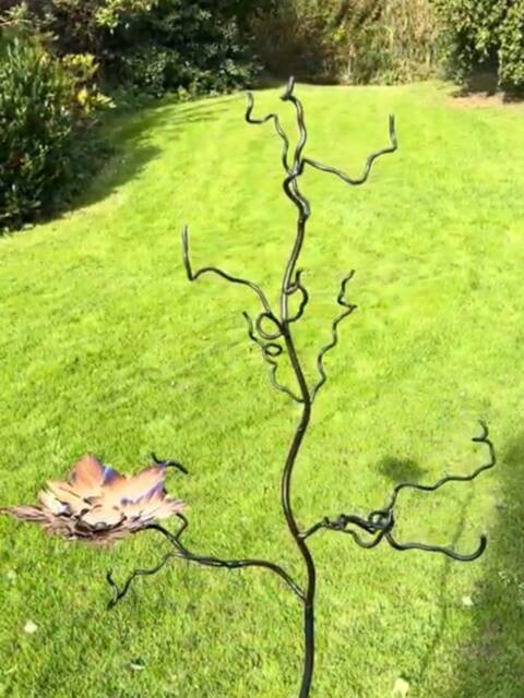 Bird Feeder Tree Stand With Maple Leaf Flower & Bird Bath in Colourful Stainless. Unusual Iron & Steel Wedding Anniversary Gift - image 1
