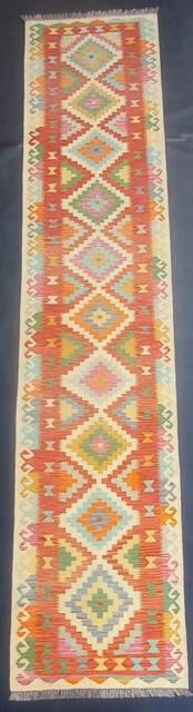 Kilim Runner Rug, Handmade Artisan Afghan Turkish Aztec Natural Wool Rug 395x82 cm - image 1