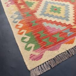 Kilim Runner Rug, Handmade Artisan Afghan Turkish Aztec Natural Wool Rug 395x82 cm - thumbnail 2