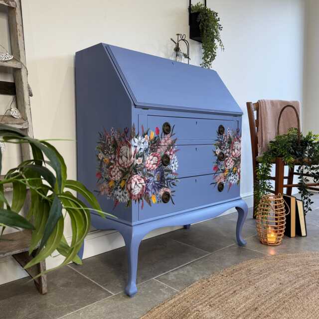 Pretty Writing Desk/Bureau Painted Light Blue, Pink & Floral - image 1