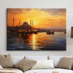 Istanbul River Mosque Turkey City Landmark Oil Painting Style Wall Art Framed Calming Canvas Poster Print Home/Office Room Decor Gifts - thumbnail 1