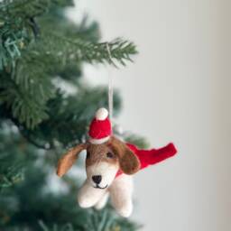 Felt Beagle Dog With Christmas Hat Ornament, Jack Russell Terrier