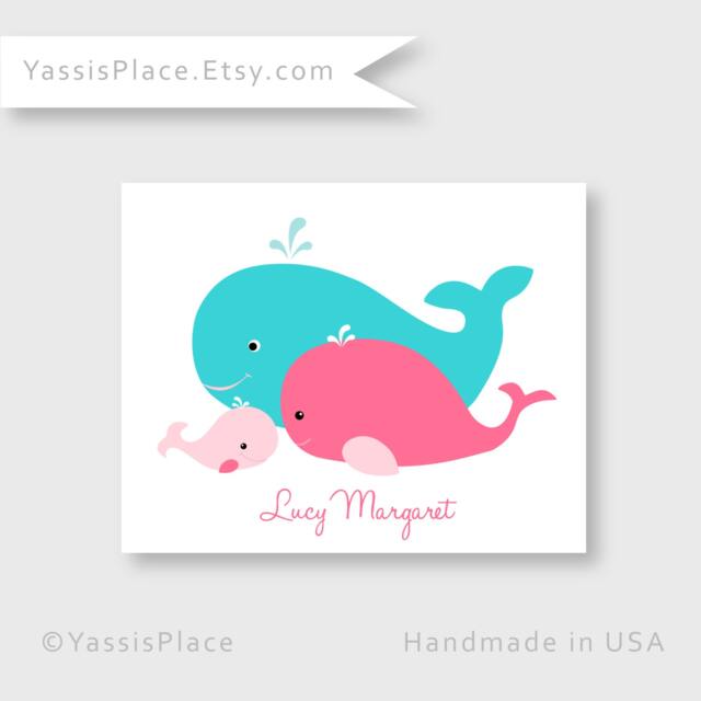Personalized Whale Art Print Nursery Decor Baby Girl Wall Pink Baby Aqua Wall Art Shower Gift Bathroom By Yassisplace - image 1