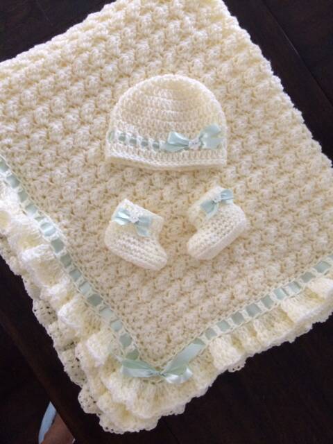 Cream Baby Blanket - Creamy White Crochet Antique New Gift Shower - image 1