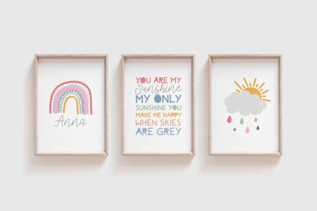 3 Girls Nursery Prints, You Are My Sunshine, Rainbow Wall Art, Bedroom Art - image 1
