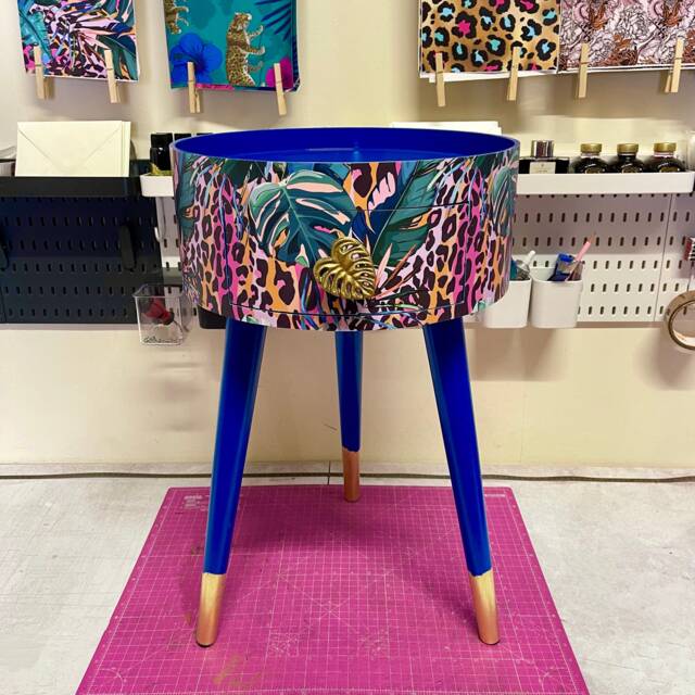 Cobalt Blue, Pink & Orange Side Table. Leopard Print Design With Leaf Design. Personalised Round Nightstand - image 1