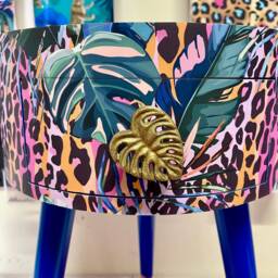 Cobalt Blue, Pink & Orange Side Table. Leopard Print Design With Leaf Design. Personalised Round Nightstand - thumbnail 3