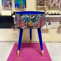 Cobalt Blue, Pink & Orange Side Table. Leopard Print Design With Leaf Design. Personalised Round Nightstand