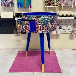 Cobalt Blue, Pink & Orange Side Table. Leopard Print Design With Leaf Design. Personalised Round Nightstand - thumbnail 2
