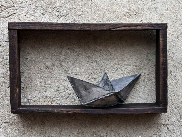 Welded Iron Origami Boat Sculpture in Reclaimed Wood Frame, 6Th Anniversary Gift By The Steel Style Things - image 1