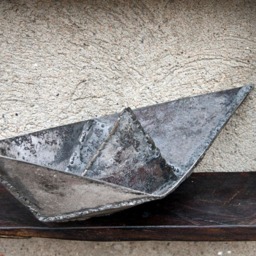 Welded Iron Origami Boat Sculpture in Reclaimed Wood Frame, 6Th Anniversary Gift By The Steel Style Things - thumbnail 3