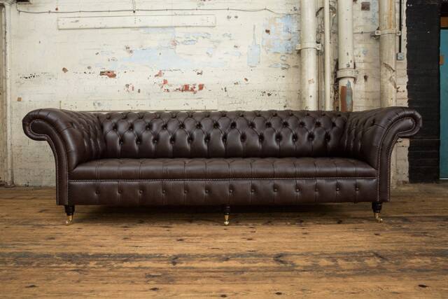 4 Seater Smoke Brown Leather Chesterfield Sofa, British Handmade Furniture - image 1